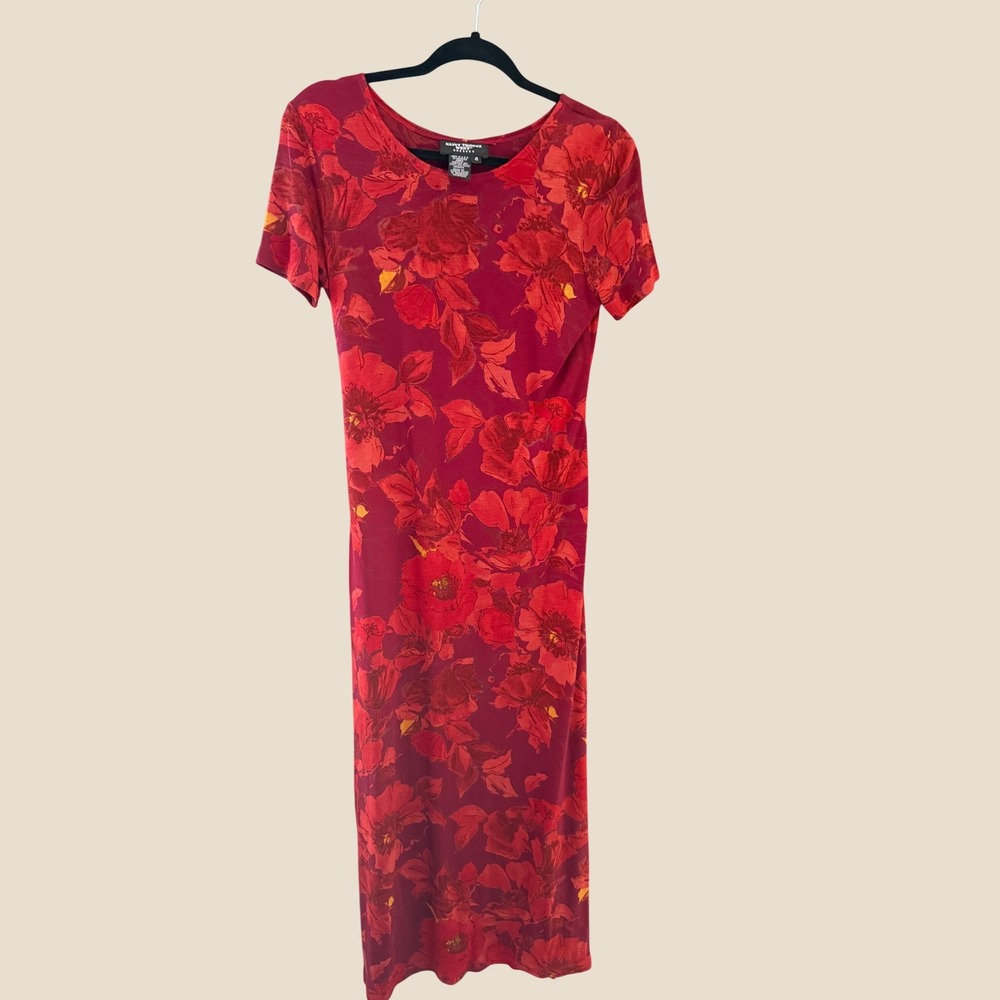Saint Tropez Vintage Y2k Fall Red Floral Maxi Dress Short Sleeve Scoop Neck 4